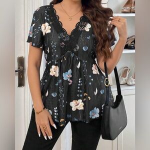 Boho Tie-Dye Floral V-Neck Lace Patchwork Textured T-Shirt